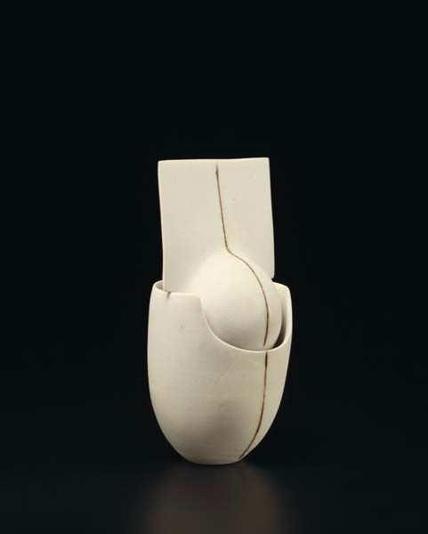 RUTH DUCKWORTH, Untitled (cup and blade form), ca.: Untitled (cup and blade form), ca. 1990. Porcelain. 7 in. (17.8 cm) high. Incised with "R" and painted with "188990.