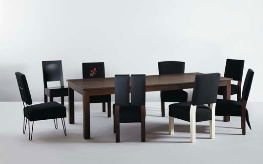 ROY MCMAKIN, Custom dinning table and set of eight: Custom dinning table and set of eight chairs, 2005. Table: ebonized white oak; chairs: ebonized white oak, painted eastern maple, metal, fabric, embroidered fabric. Table: 29 3/4 x 104 x 44 in. (75.6