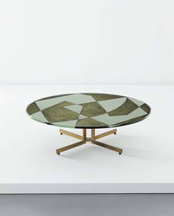 MARIO TERZAGHI AND AUGUSTO MAGNAGHI, Coffee table,: Coffee table, ca. 1955. Painted etched glass, brass. 15 1/4 in. (38.7 cm) high, 47 1/4 in. (120 cm) diameter. LITERATURE Domus, no. 322, September 1956 n.p.; Charlotte and Peter Fiell, eds., Domus Vol