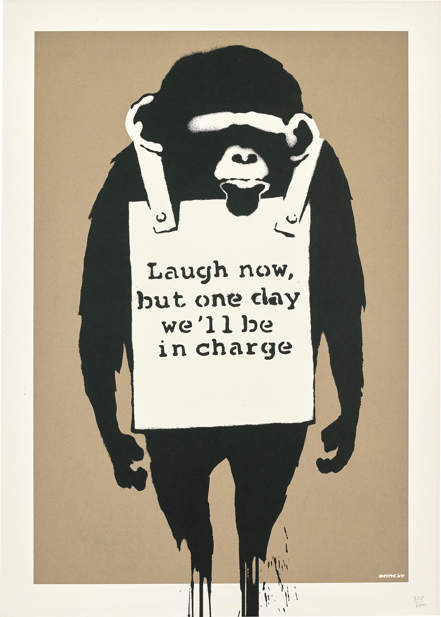 Banksy: Laugh Now 2003 Screenprint in colours, on buff wove paper, the full sheet. S. 69.5 x 49.6 cm (27 3/8 x 19 1/2 in.) Numbered 325/600 in pencil (there was also a signed edition of 150 and 69 artist's pr
