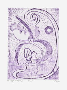 Shara Hughes: Night Opening 2022 Etching in violet, on BFK Rives paper, with full margins. I. 14.5 x 12.5 cm (5 3/4 x 4 7/8 in.) S. 30.2 x 24 cm (11 7/8 x 9 1/2 in.) Signed, dated and numbered 95/100 in pencil (the