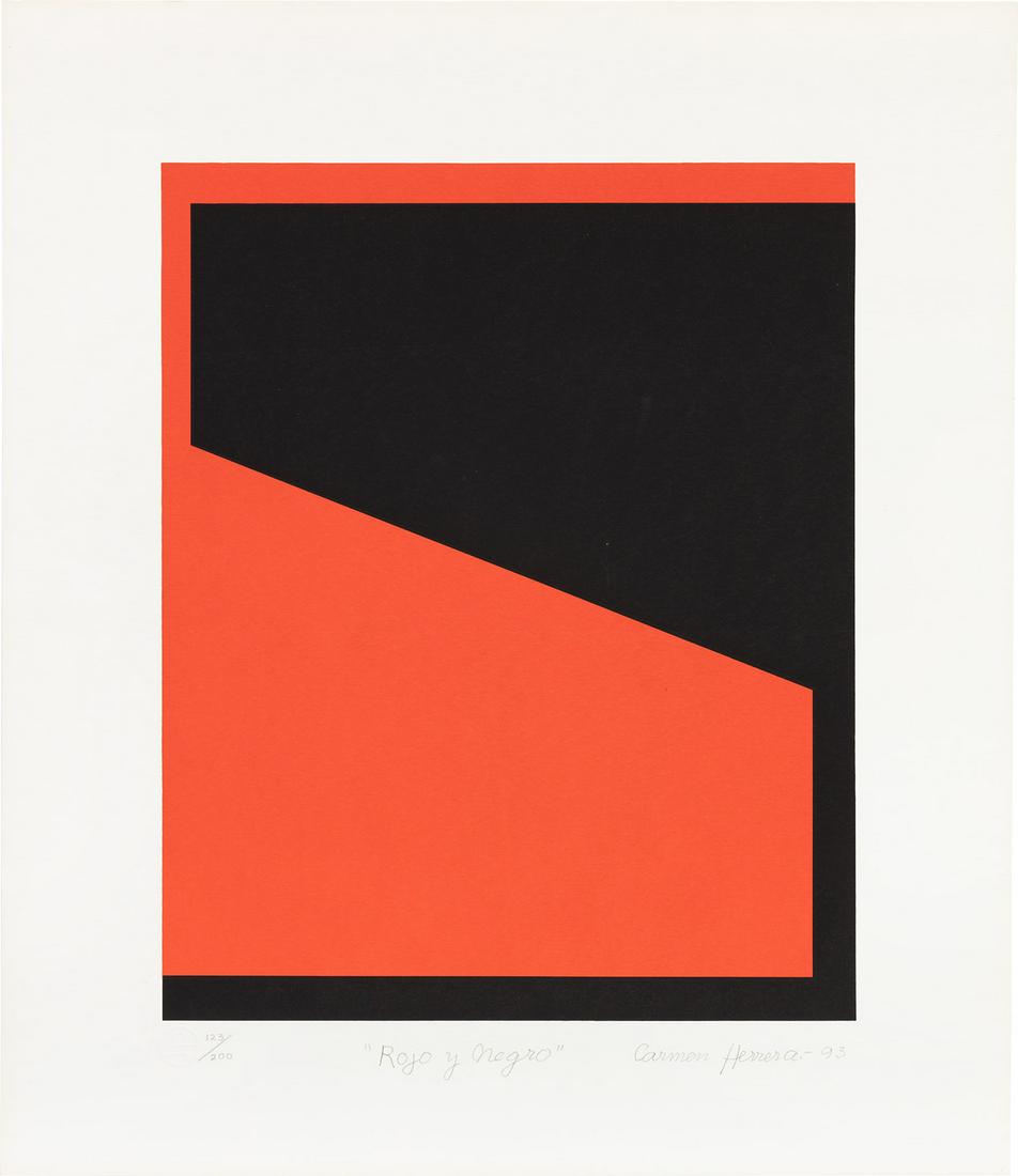 Carmen Herrera: Rojo y Negro (Red and Black) 1993 Screenprint in colors, on wove paper, with full margins. I. 16 1/8 x 13 1/8 in. (41 x 33.3 cm) S. 22 x 19 in. (55.9 x 48.3 cm) Signed, titled, dated and numbered 123/