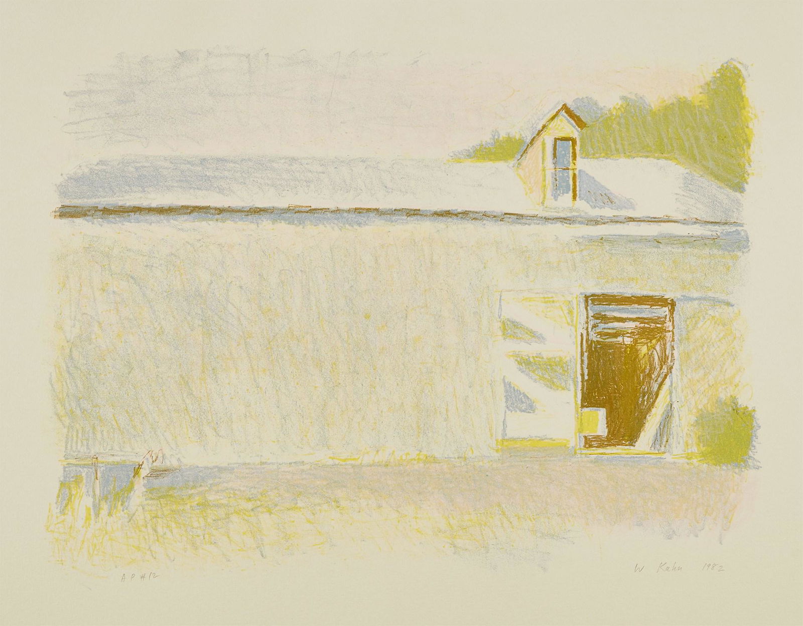 Wolf Kahn: The Open Door 1982 Lithograph in colors, on Arches paper, with full margins. I. 14 x 19 in. (35.6 x 48.3 cm) S. 22 3/8 x 30 1/8 in. (56.8 x 76.5 cm) Signed, dated and numbered 'AP #12' in pencil (an a