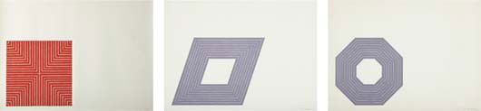 FRANK STELLA,Delaware Crossing, from Benjamin Moor: Delaware Crossing, from Benjamin Moore series; Henry Garden; and Carl André, from Purple series, 1971 and 1972 Three lithographs in colors, on Arches and Zerkall Copperplate deluxe paper, the full sh