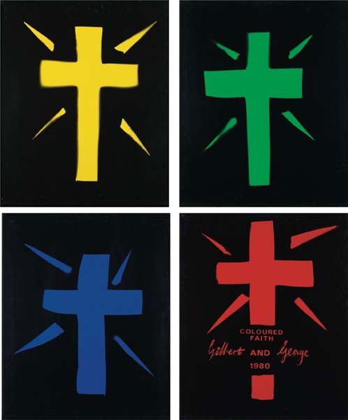 GILBERT & GEORGE, Coloured Faith, 1980: Coloured Faith, 1980. Four parts: hand-dyed photographs in artists’ frames. Each: 60.5 × 50.5 cm (23 7/8 × 19 7/8 in). ♠ PROVENANCE Private Collection, Europe EXHIBITED London, Anthony d’O