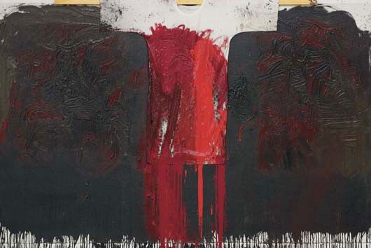 HERMANN NITSCH, Untitled, 2005: Untitled, 2005. Acrylic, clothing and wood on canvas. 200 × 300 cm (78 3/4 × 118 1/8 in). Signed and dated ‘Hermann Nitsch 2005’ on the reverse. This work is accompanied by a certificate of auth