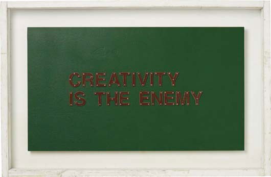 TOM SACHS, Creativity is the Enemy, 2008: Creativity is the Enemy, 2008. Synthetic polymer paint and screws on plywood. 97.8 × 149.2 × 12.7 cm (38 1/2 × 58 3/4 × 5 in). Signed and dated ‘Tom Sachs 2008’ on the reverse. ̶
