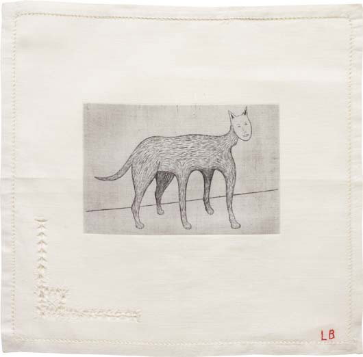 LOUISE BOURGEOIS, Self-portrait, 2007: Self-portrait, 2007. Drypoint?on?unique?cloth.? 30.5 × 30.5 cm?(12 × 12 in). Embroidered?‘LB’?lower?right.?This?work?is?unique?from?a?series?of?13,?of?which?8?are?editioned?with?Arabic?num