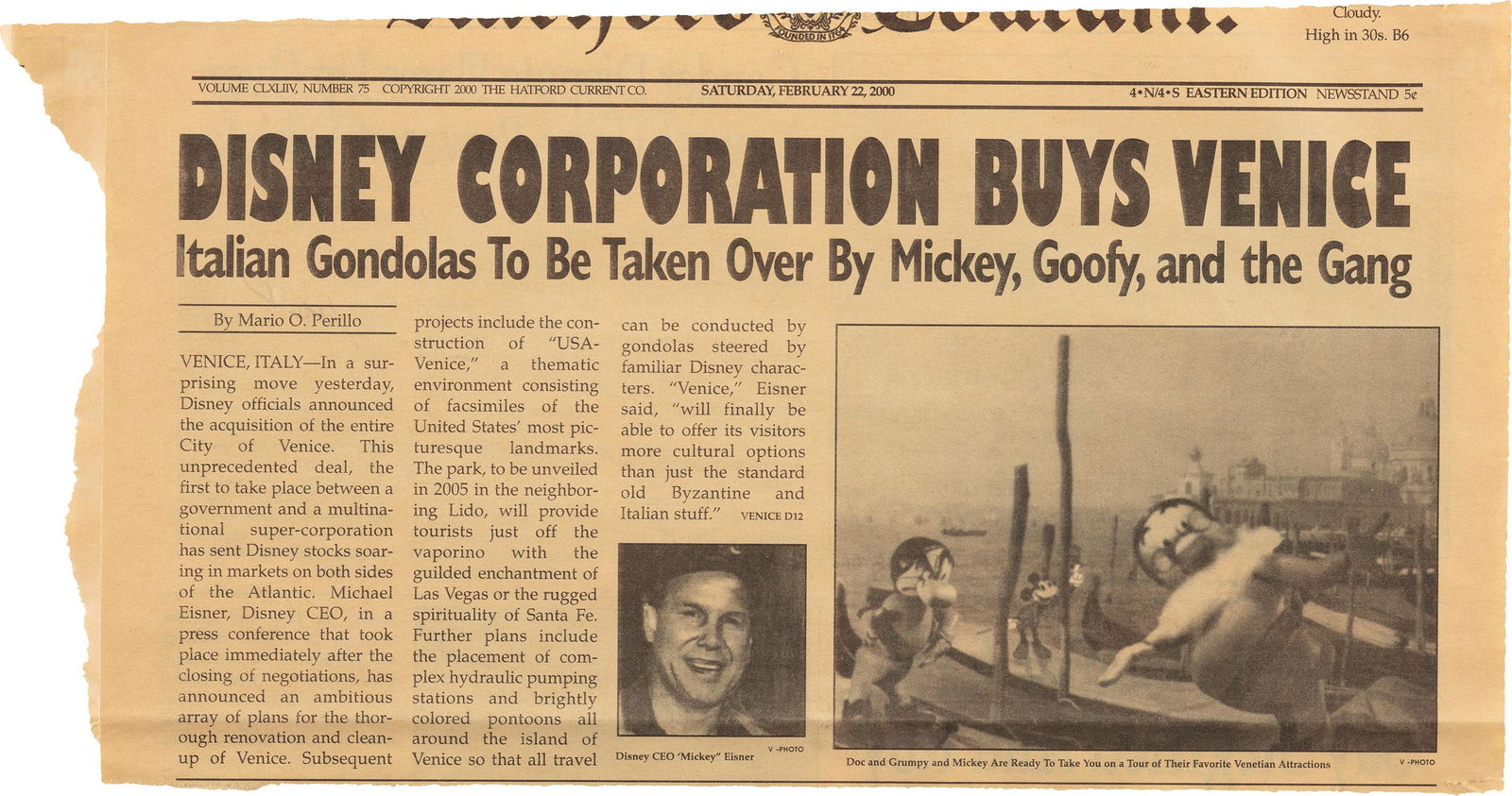 Vik Muniz: Disney Corporation Buys Venice; and Gender Disputer Flares Up Over Newest Urine-Powered Vehicle, from Personal Articles 2000 Double-sided commercial offset print, on one sheet of newspaper, the full s