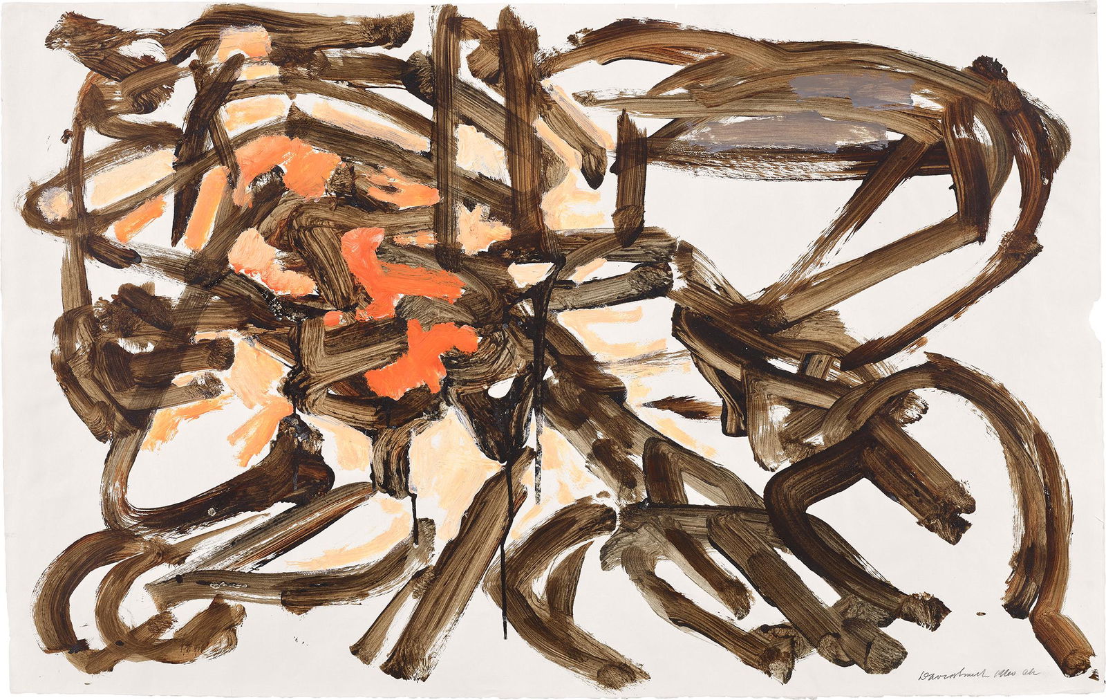 David Smith: Untitled (Chelsea Hotel Series) 1960 Unique brown egg ink and oil painting, on wove paper. 26 x 41 in. (66 x 104.1 cm) Signed, dated and annotated 'ch' in pencil, with the Estate of David Smith inksta