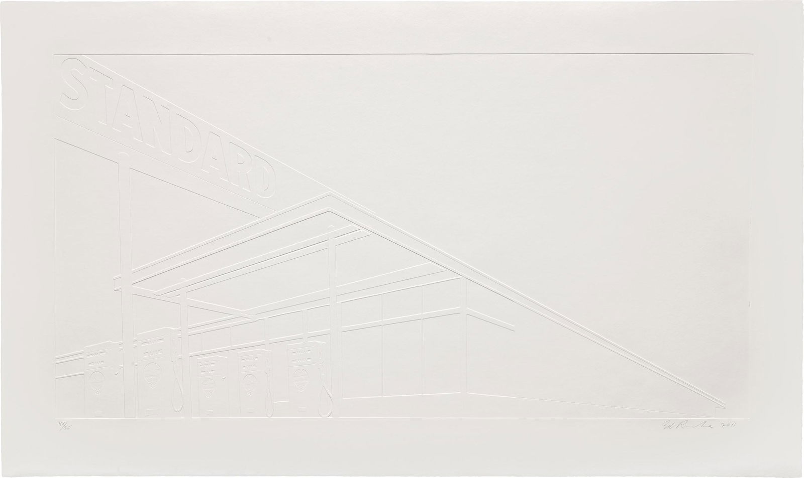 Ed Ruscha: Ghost Station 2011 Mixografia® inkless print, on handmade paper, with full margins. I. 20 7/8 x 39 1/2 in. (53 x 100.3 cm) S. 27 1/4 x 45 5/8 in. (69.2 x 115.9 cm) Signed, dated and numbered 48/8