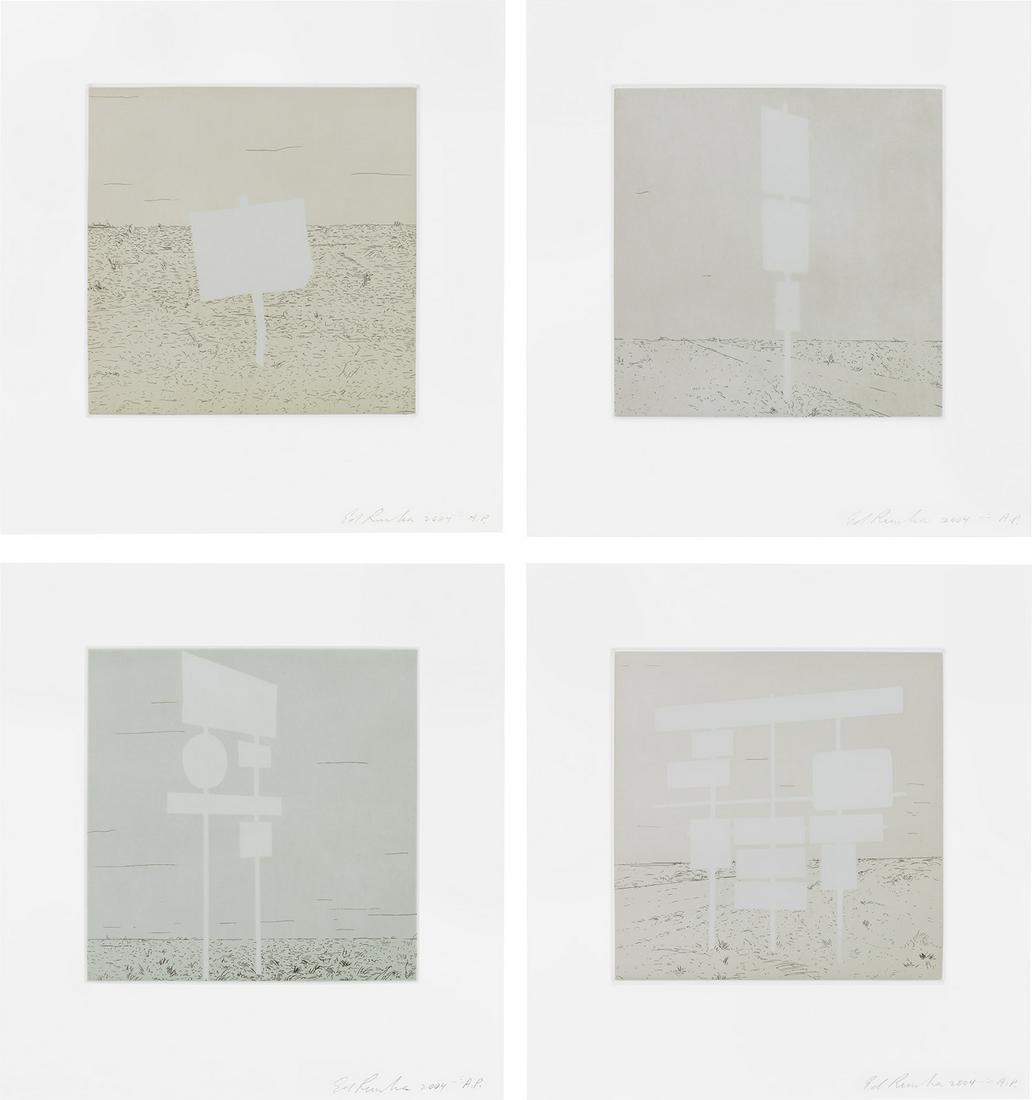 Ed Ruscha: Blank Signs 2004 The complete set of four etching and aquatints in colors, on Magnani Pescia paper, with full margins. all I. 7 7/8 x 7 7/8 in. (20 x 20 cm) all S. 12 3/4 x 12 in. (32.4 x 30.5 cm) All