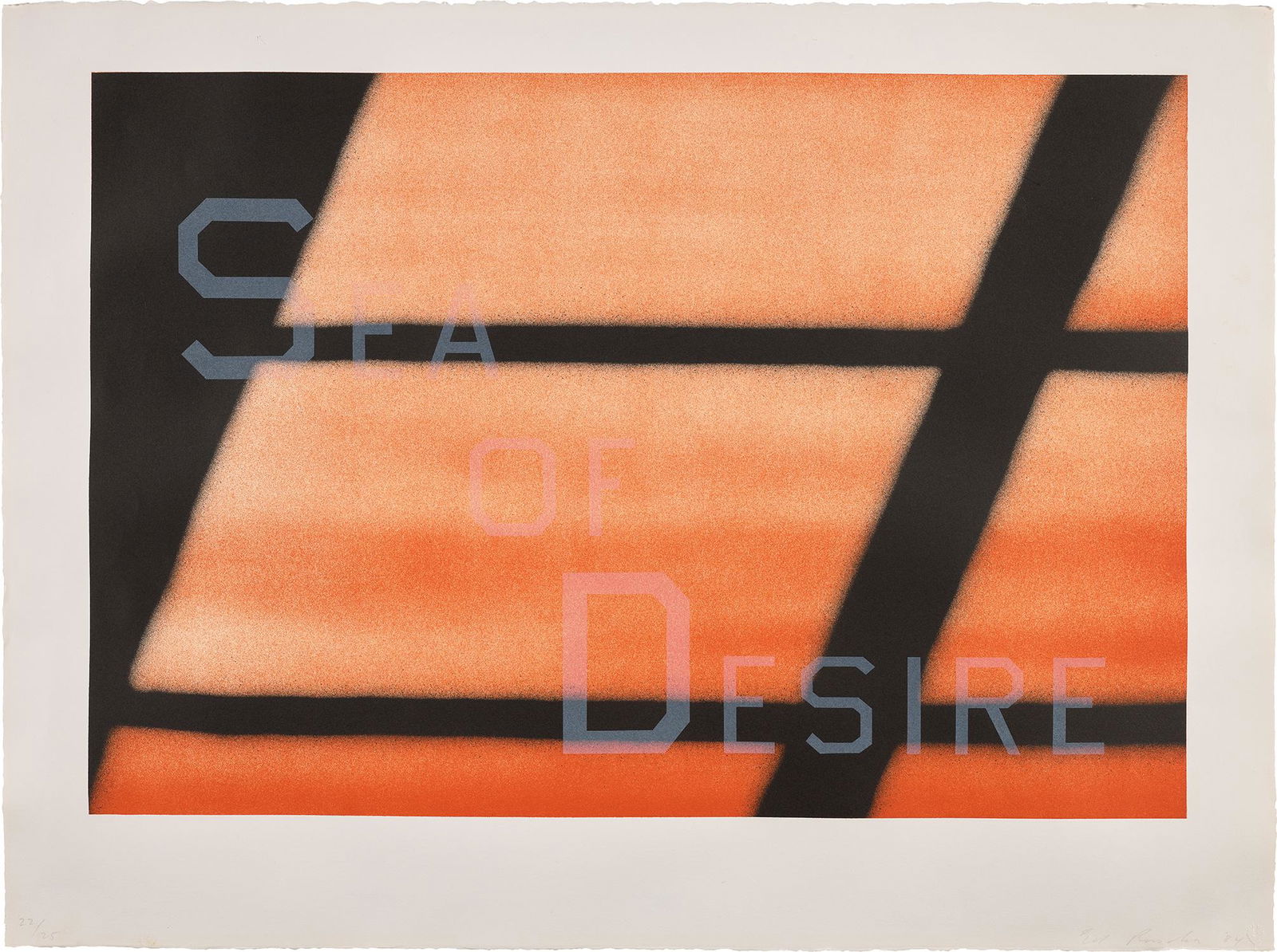 Ed Ruscha: Sea of Desire (E. 141) 1984 Lithograph in colors, on Rives BFK paper, with full margins. I. 17 3/8 x 25 5/8 in. (44 x 65 cm) S. 22 1/4 x 29 3/4 in. (56.5 x 75.5 cm) Signed, dated and numbered 22/25 in
