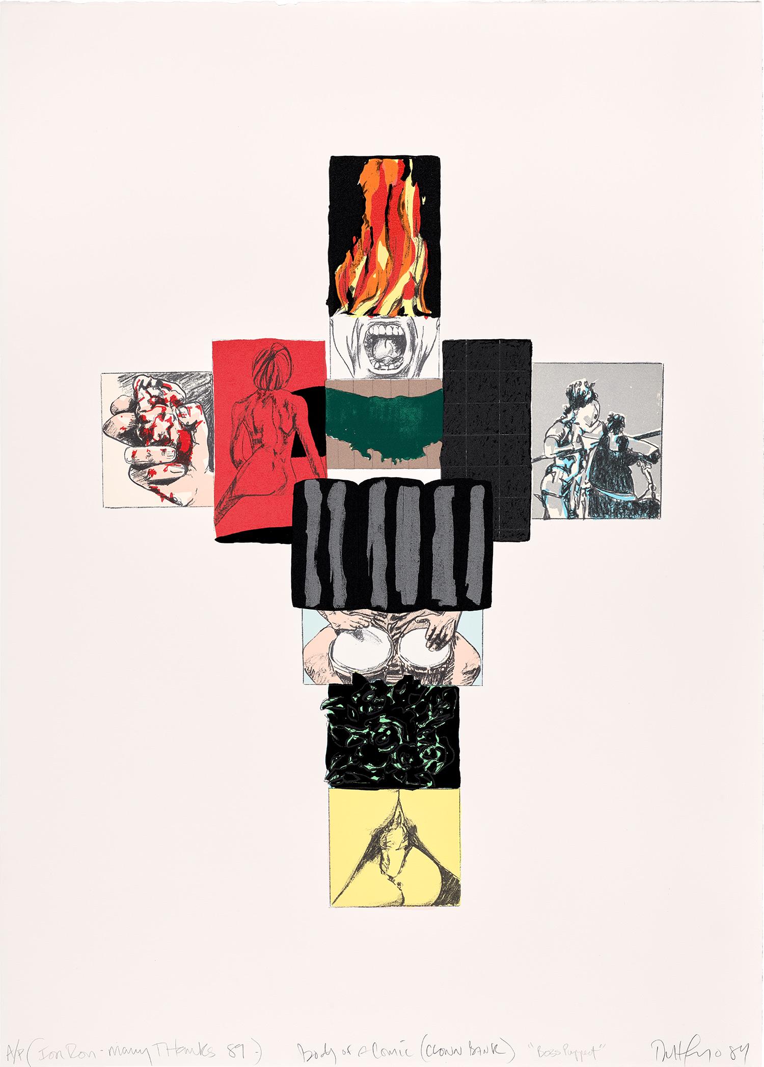 Robert Longo: Body of a Comic (Clown Bank) 1989 Lithograph in colors, on Arches paper, with full margins. I. 29 x 21 1/2 in. (73.7 x 54.6 cm) S. 41 x 29 3/8 in. (104.1 x 74.6 cm) Signed, dated, dedicated 'For Ron -