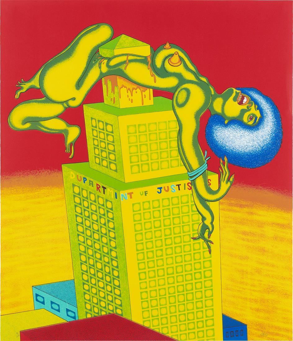 Peter Saul: Angela Davis 1972 Lithograph in colors, on wove paper, the full sheet. S. 35 x 30 in. (88.9 x 76.2 cm) Signed and numbered 81/100 in pencil (there were also 5 artist's proofs), published by Landfall P