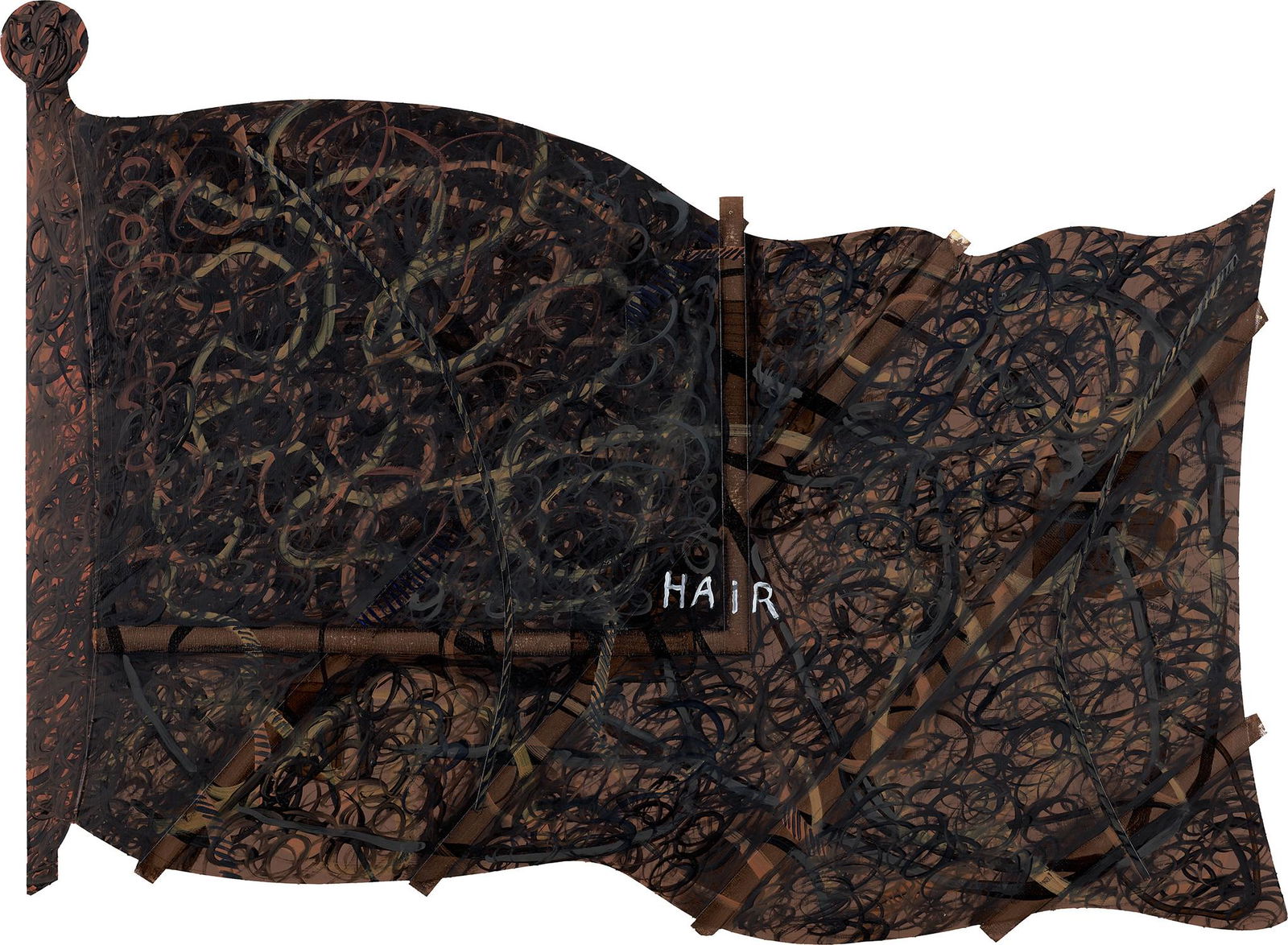 Peter Williams: Hairstory, from The Flag series 2002 Unique drawing with liquin, dry pigment, oil and masking tape collage, on a found die-cut American paper flag, framed. 17 1/4 x 24 1/2 in. (43.8 x 62.2 cm) Provena