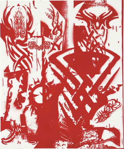 DAVID RATCLIFF, Tribal Tattoos (5-Red), 2007: Tribal Tattoos (5-Red), 2007. Signed, titled, dated and inscribed "David Ratcliff Tribal Tattoos February 2007 Los Angeles" on the overlap. acrylic on canvas 71 3/4 x 60 1/4 in. (182.2 x 153 cm) PROVE