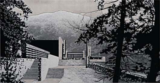 BEREND STRIK, Tumbled City, 2005: Tumbled City, 2005. Signed, titled, dated and inscribed "Berend Strik Tumbled City 2005 Amsterdam" on the stretcher. stitched print on screen 36 x 68 in. (91.4 x 172.7 cm) PROVENANCE Jack Tilton Galle