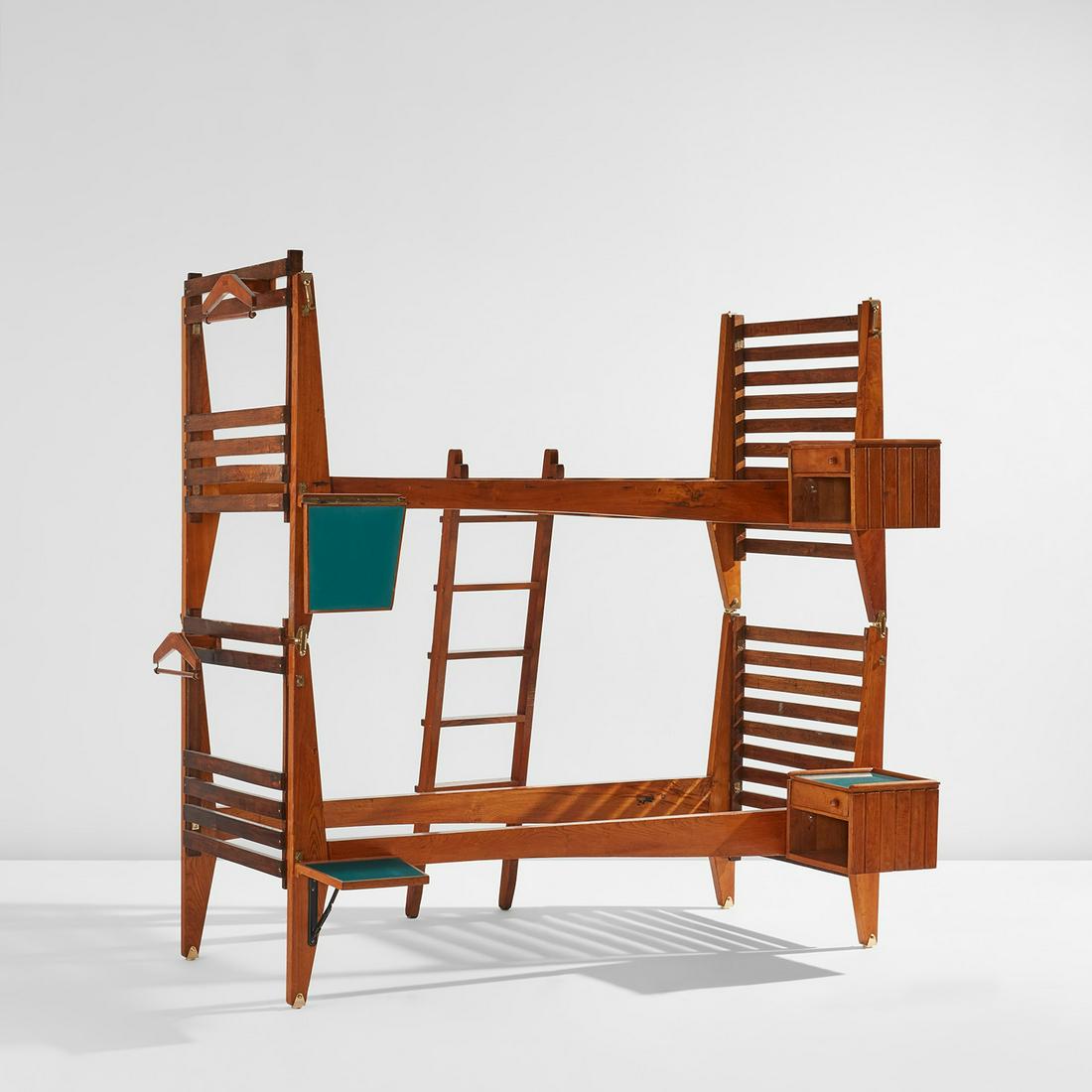 Carlo Mollino: Bunk bed, from the Casa del Sole, Cervinia circa 1953 Oak, Formica-covered oak, brass. As shown: 80 1/2 x 81 3/4 x 61 1/2 in. (204.5 x 207.6 x 156.2 cm) Executed by Ettore Canali, Brescia, Italy. Prov