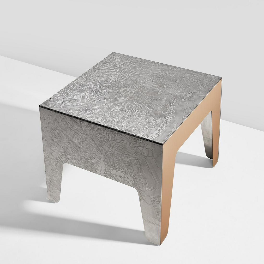 Marcel Wanders: Rare "Henna" side table 2000 Etched stainless steel. 15 x 19 3/8 x 17 3/4 in. (38.1 x 49.2 x 45.1 cm) Manufactured by Cappellini S.p.A., Arosio, Italy. One leg etched cappellini. Provenance Private co