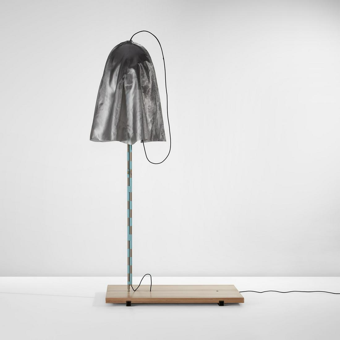 Studio Wieki Somers: Jin (Compassion) floor lamp, from the "Mitate" collection 2013 Nuno fabric, fiberglass, steel, aluminum, cord, tulip wood, feather, plastic fishing lure. 86 in. (218.4 cm) high Produced by Galerie kre
