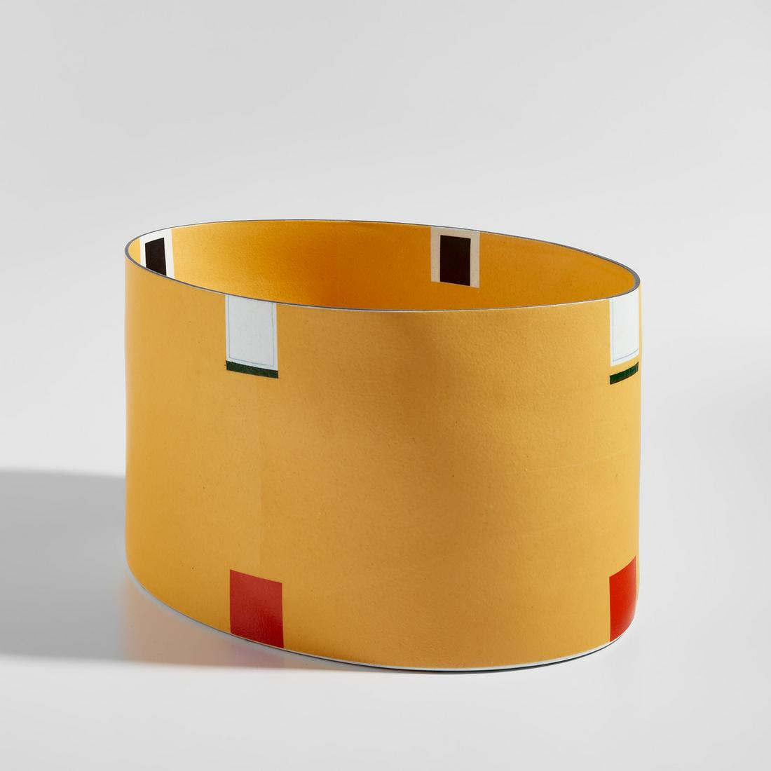 Bodil Manz: Oval Form with Yellow, Black, Blue, Japanese Red and Green 2002 Slipcast and transfer-printed porcelain. 8 5/8 x 15 1/8 x 10 1/2 in. (21.9 x 38.4 x 26.7 cm) Underside painted BODIL MANZ and with artis