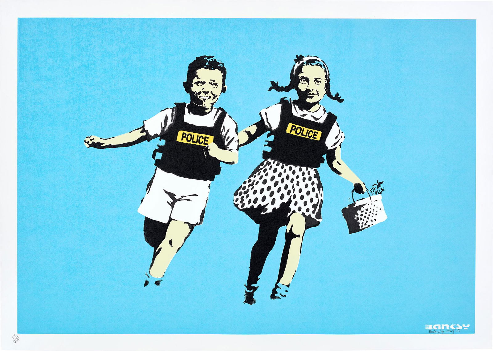 Banksy: Police Kids (Jack and Jill) 2005 Screenprint in colours, on wove paper, with full margins. I. 45 x 65.3 cm (17 3/4 x 25 3/4 in.) S. 49.9 x 70.3 cm (19 5/8 x 27 5/8 in.) Signed, dated and numbered 69/3