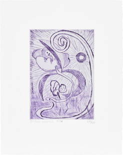 Shara Hughes: Night Opening 2022 Etching in violet, on BFK Rives paper, with full margins. I. 17.5 x 12.6 cm (6 7/8 x 4 7/8 in.) S. 30 x 23.8 cm (11 3/4 x 9 3/8 in.) Signed, dated and numbered 87/100 in pencil (the