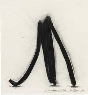 Bernar Venet: Undetermined Line 1986 Unique charcoal drawing with collage, on heavy wove paper. 15 3/4 x 14 1/2 in. (40 x 36.8 cm) Signed, titled and dated in pencil on the reverse, framed. Catalogue Essay This wor