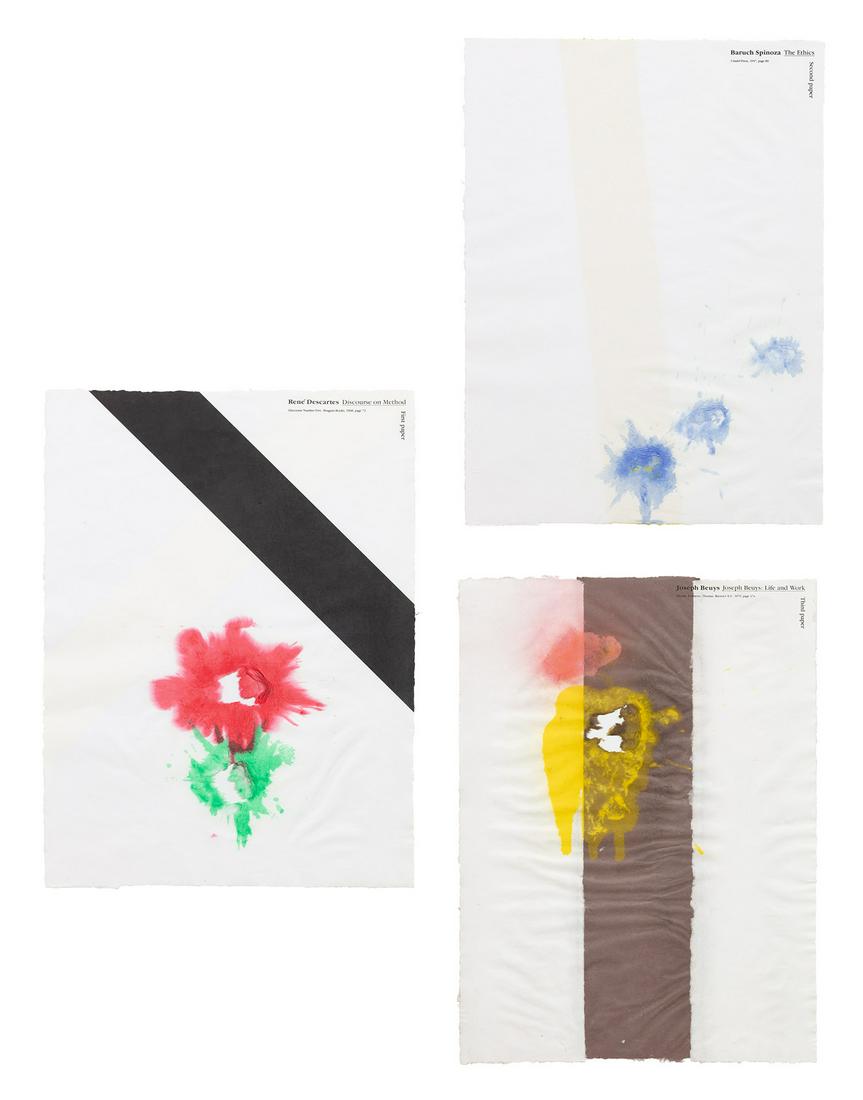 Richard Tuttle: Plastic History (Portfolio) 1990 The complete set of three screenprints hand-colored with pigmented gelatin, on transparent cotton rag paper, each with a text page by René Descartes, Baruch Spino