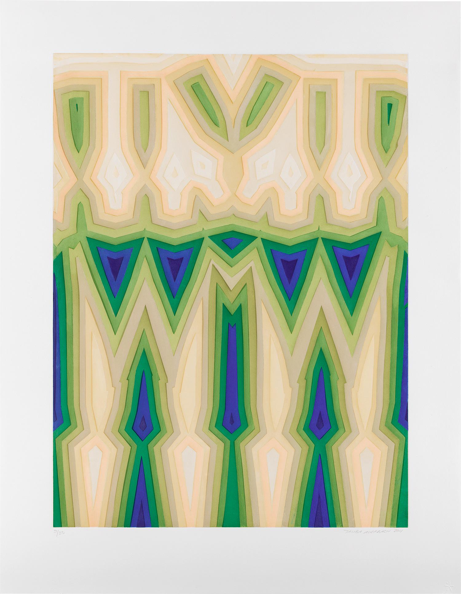 Tauba Auerbach: Fold Slice Topo II 2011 Aquatint in colors, on Somerset paper, with full margins. I. 35 5/8 x 26 3/4 in. (90.5 x 67.9 cm) S. 44 3/4 x 34 5/8 in. (113.7 x 87.9 cm) Signed, dated and numbered 9/35 in pe