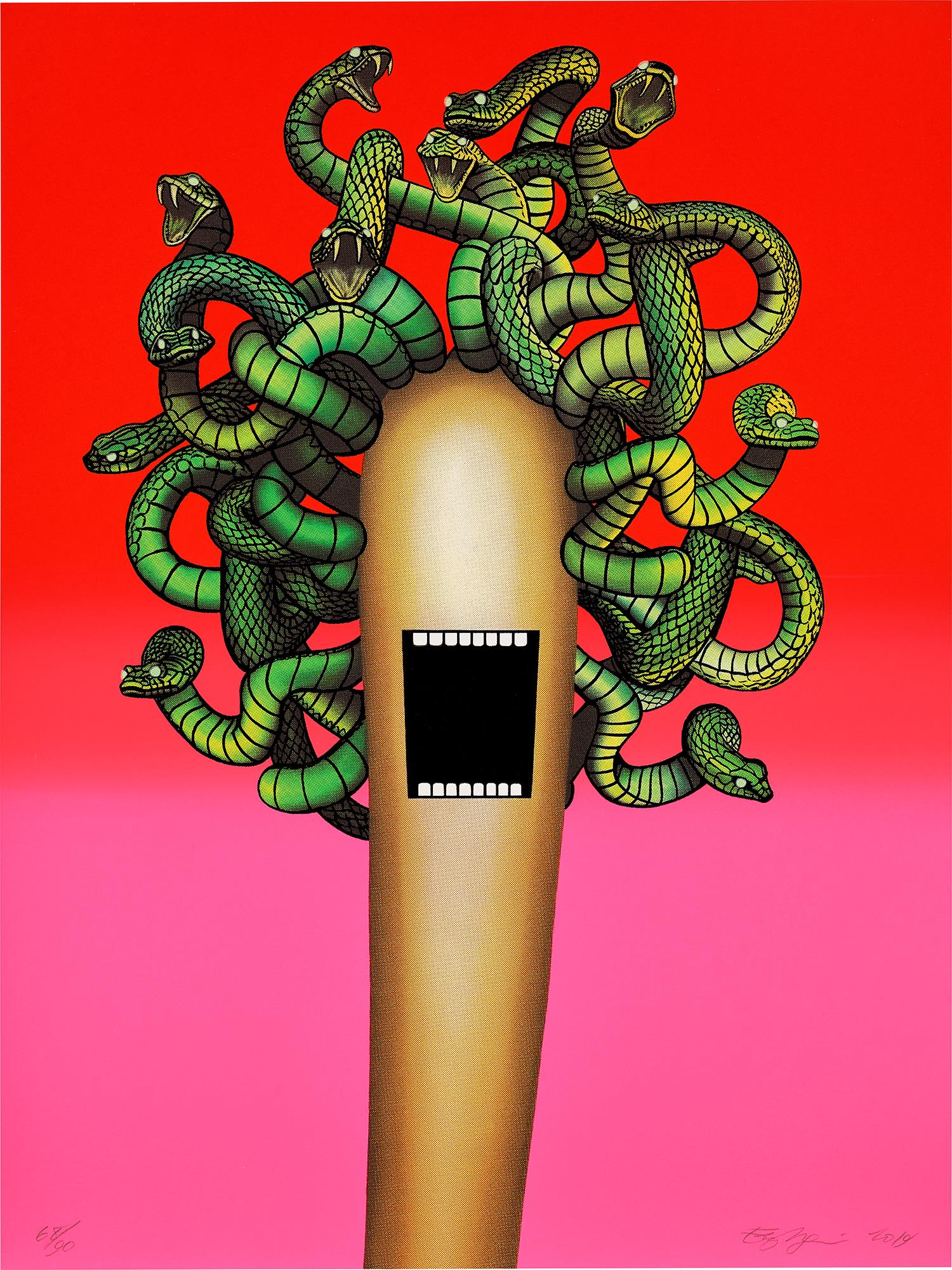 Emily Mae Smith: Medusa 2019 Screenprint in colors with glow-in-the-dark ink, on Coventry rag paper, the full sheet. S. 24 x 18 in. (61 x 45.7 cm) Signed, dated and numbered 68/90 in pencil, published by Elective Affi