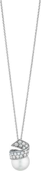 MARLENE STOWE, A Cultured Pearl and Diamond Pendant: A Cultured Pearl and Diamond Pendant Necklace. Signed 'M Stowe'.Suspending a cultured pearl, measuring approximately 13.75 mm, to the pavé-set diamond scroll surmount, from a fine link chain, mounted