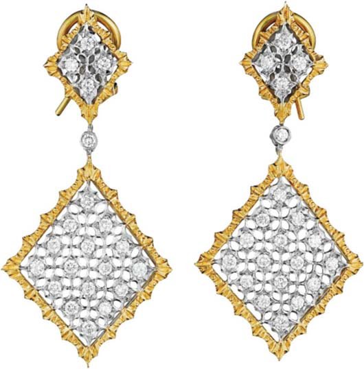 BUCCELLATI, A Pair of Diamond and Gold Ear Pendant: A Pair of Diamond and Gold Ear Pendants. Signed 'M.BUCCELLATI'.Each of pierced openwork design, the articulated diamond-shaped drops highlighted with pavé-set diamonds, to the engraved yellow gold bo
