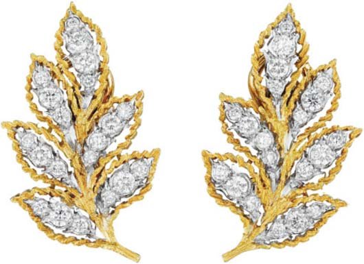 BUCCELLATI, A Pair of Diamond and Gold Earclips.: A Pair of Diamond and Gold Earclips. Signed 'M.BUCCELLATI'.Each designed as a textured gold leaf, accented by circular-cut diamonds, mounted in 18K yellow gold and platinum, length 1 1/4 inches.