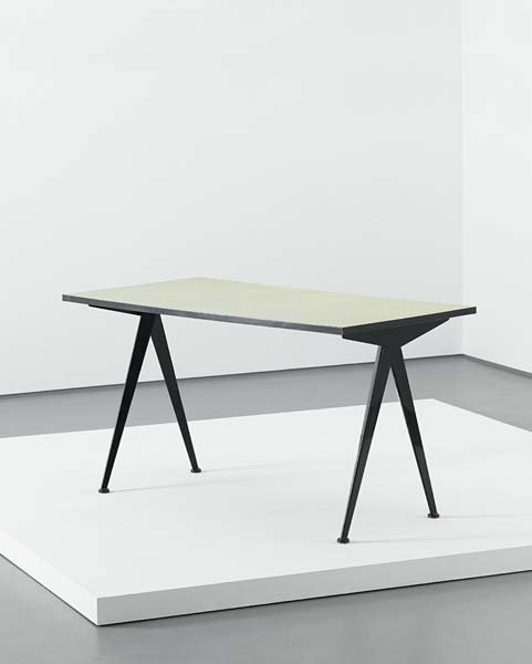 JEAN PROUVÉ, ‘Compas’ cafétéria table, model no. 5: ‘Compas’ cafétéria table, model no. 512, circa 1953. Painted bent sheet metal, laminated wood. 71.2 x 130 x 69.6 cm (28 x 51 1/8 x 27 3/8 in) Manufactured by Les Ateliers Jean Prouvé, France.&#