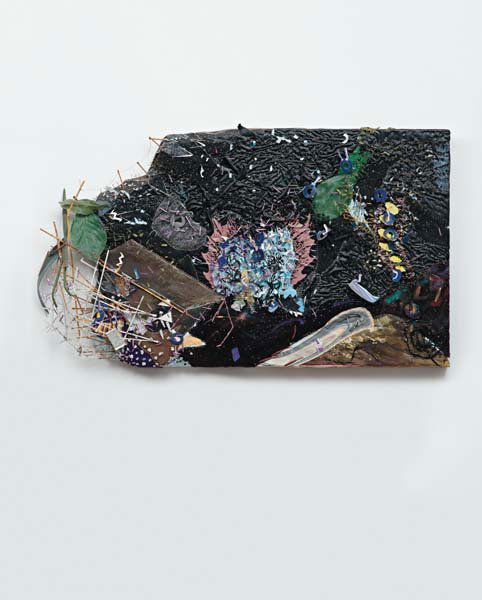 ELLIOTT HUNDLEY, Untitled, 2002: Untitled, 2002. extruded polystyrene, plastic, pins, paper, photographs, fabric, wood, wire, glue, and found oil paintings on board 25 x 42 in. (63.5 x 106.7 cm) Signed, titled, and dated "Elliott Hun