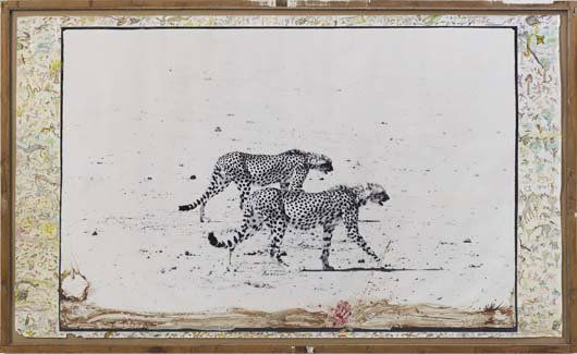 PETER BEARD, Hunting Cheetahs on the Taru Desert,: Hunting Cheetahs on the Taru Desert, Kenya, June, 1960. Gelatin silver print with ink, paint, blood, affixed snake skin and drawings by the African artists in residence at Hog Ranch, printed later, in