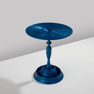 Sebastian Brajkovic: Lathe Table 450 Blue 2012 Anodized aluminum. 17 5/8 (40 cm) high, 15 3/4 in. (44.8 cm) diameter Number 2 from the edition of 20 plus 4 artist's proofs. Underside impressed SEBASTIAN BRAJKOVIC / CWG/LA
