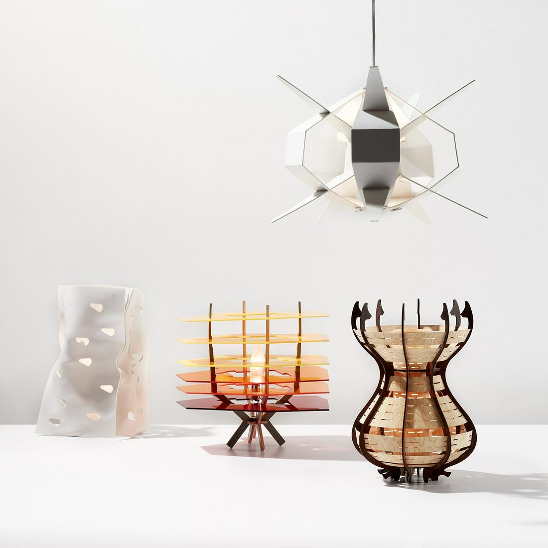 Jorge Pardo: Four "Subscription" lamps produced 2003-2008 Acrylic, painted plywood, plastic, perforated wood veneer. Largest: 12 1/2 in. (31.8 cm) high From the edition of 60. Provenance Anna Lena Levy Productions