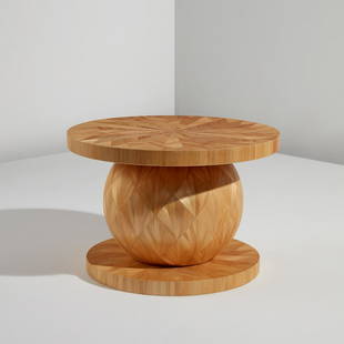 Ludwig & Dominique: Low table 2014 Straw parquetry-veneered wood. 15 3/4 in. (40 cm) high, 23 5/8 in. (60 cm) diameter Produced by Ludwig & Dominique, Paris, France. Straw parquetry executed by Atelier Lison de Caunes, P