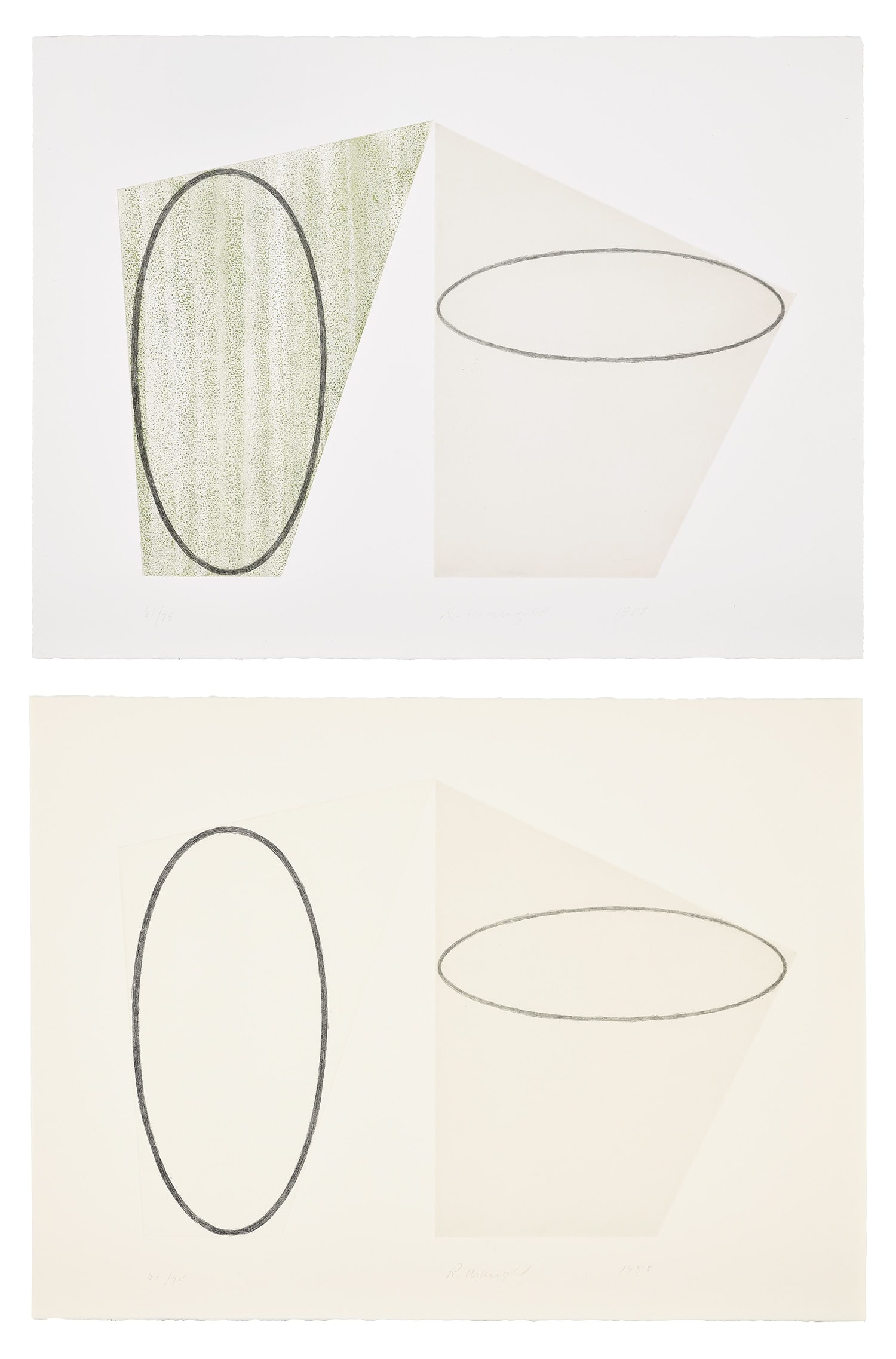 Robert Mangold: Untitled, State A (Color); and Untitled, State B (Black), from BAM II: Brooklyn Academy of Music Portfolio II (S. & S. 1988.03-1988.04) 1988 Two etching and aquatints in colors, on Somerset and D'Arch