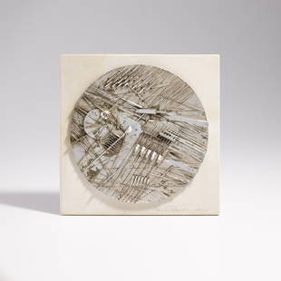 Arnaldo Pomodoro: Custodia per catalogo mostra a Darmstadt (Case for exhibition catalog in Darmstadt) (A.P. M24) 1972 Silver plated fiberglass multiple, on a cardboard and linen case lid, lacking the exhibition catalog