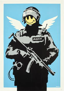 Banksy: Flying Copper 2004 Screenprint in colours, on wove paper, the full sheet. S. 99.7 x 69.8 cm (39 1/4 x 27 1/2 in.) Numbered 55/600 in pencil, an unsigned impression (there was also a signed edition of