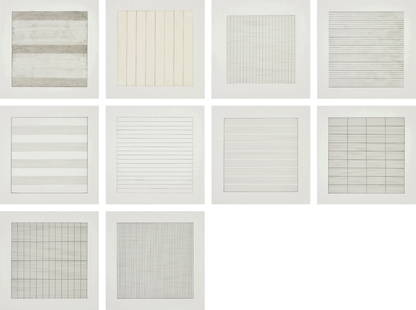 Agnes Martin: Paintings and Drawings 1974-1990 1991 The complete set of 10 lithographs in colours, on firm transparency paper, with full margins, with texts, the sheets loose (as issued) all contained in the origin