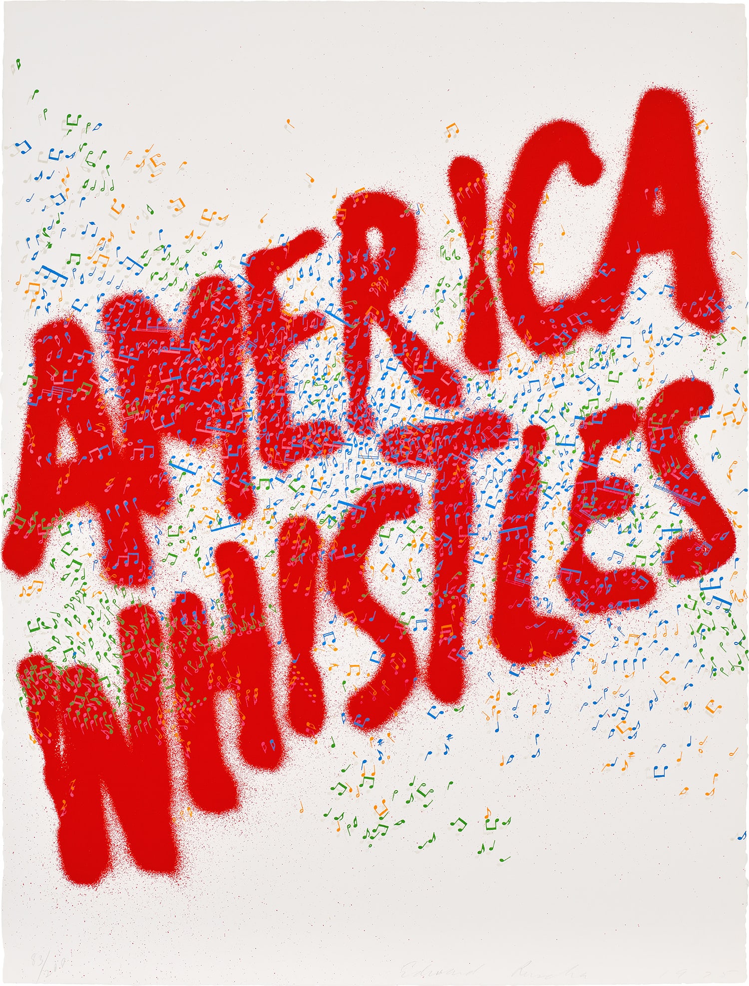 Ed Ruscha: America Whistles, from America: The Third Century (E. 84) 1975 Lithograph in colours, on Arches paper, the full sheet. S. 76.6 x 57 cm (30 1/8 x 22 1/2 in.) Signed, dated and numbered 83/200 in pencil