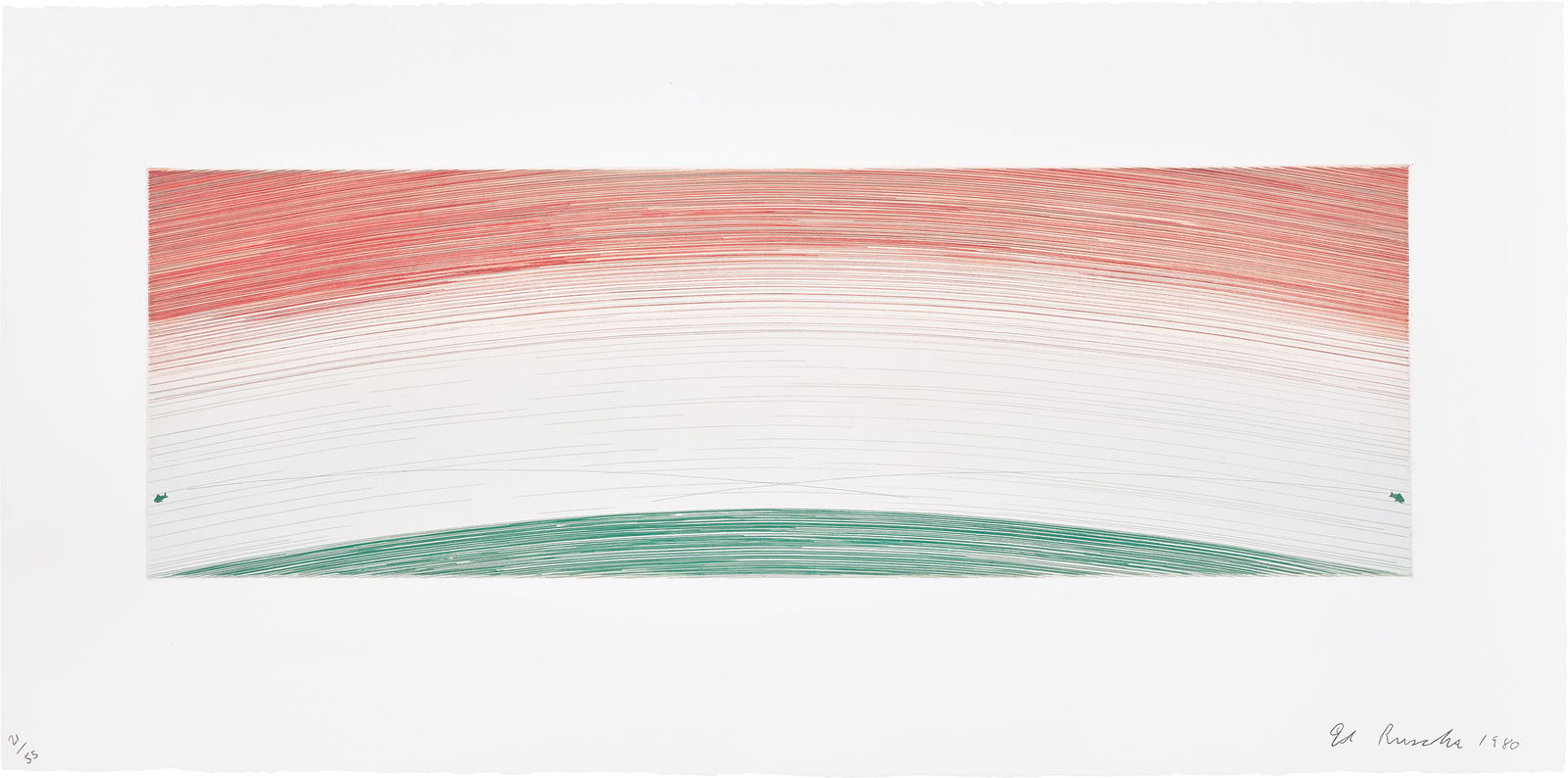Ed Ruscha: Two Jumping Fish (E. 114) 1980 Etching in colours, on R. K. Burt paper, with full margins. I. 26 x 80.3 cm (10 1/4 x 31 5/8 in.) S. 49.1 x 99.7 cm (19 3/8 x 39 1/4 in.) Signed, dated and numbered 21/5