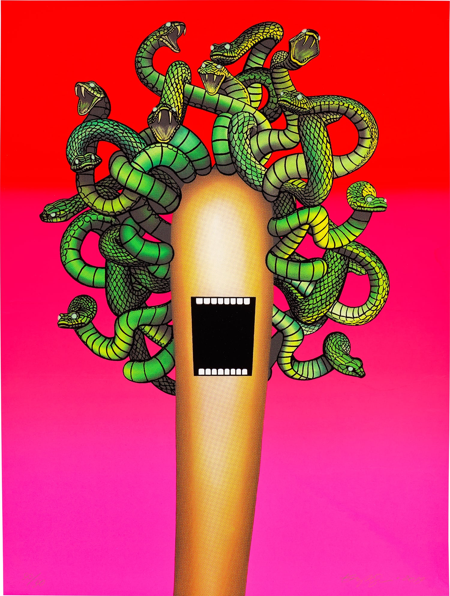 Emily Mae Smith: Medusa 2019 Screenprint in colours with glow-in-the-dark ink, on Coventry Rag paper, the full sheet. S. 60.8 x 45.7 cm (23 7/8 x 17 7/8 in.) Signed, dated and numbered 90/90 in pencil, published by El