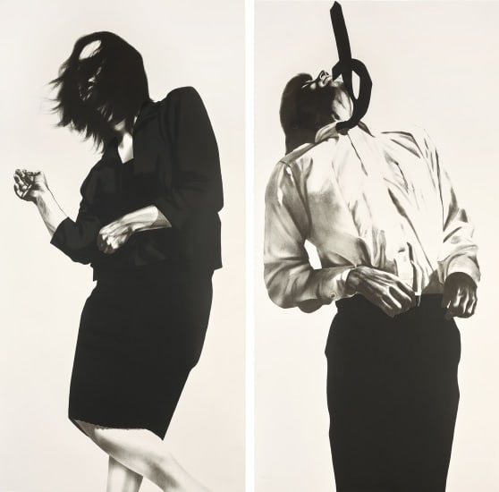 Robert Longo: Men in the Cities (Gretchen and Eric) 1985 The complete set of two lithographs, on Arches paper, the full sheets. both S. 183 x 91.6 cm (72 x 36 1/8 in.) Signed in black ink on the accompanying Certif
