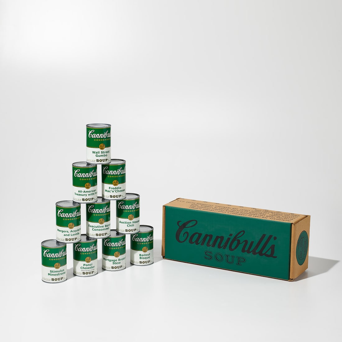Enrique Chagoya: Pyramid Scheme 2009 The complete set of 10 archival pigment print labels on aluminum cans, all contained within the original screenprinted cardboard box. all 4 x 2 5/8 x 2 5/8 in. (10.2 x 6.7 x 6.7 cm